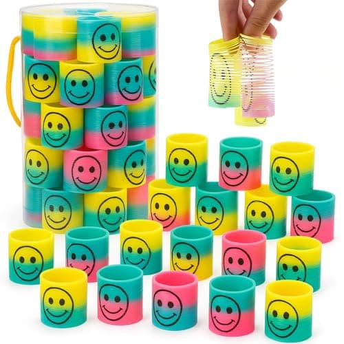 72 PCS Mini Emoticon Smile Happy Face Rainbow Springs Party Favors in Storage Bucket Bulk Set of Plastic Magic Coil Stretch Stress Toys for Kids Birthdays Carnival Prizes Goodie Bag Stuffers