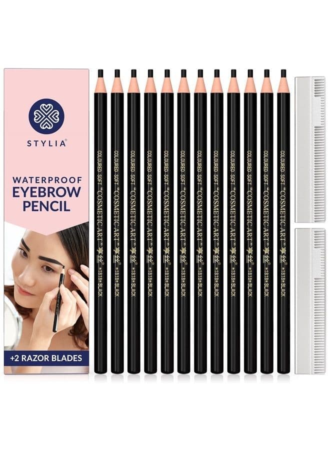 Microblading Supplies Waterproof Eyebrow Pencil - 12 Piece Black Brow Mapping Pencil Set For Marking, Filling And Outlining, Eye Brow Liners