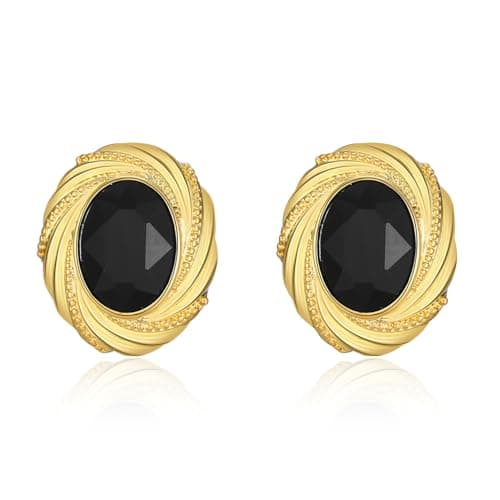 Chunky Gold Geometric Stud Earrings Trendy Vintage 14K Gold Plated Black Cubic Zirconia Statement Cocktail Earrings Dupes Jewelry for Women (Black Stone B)