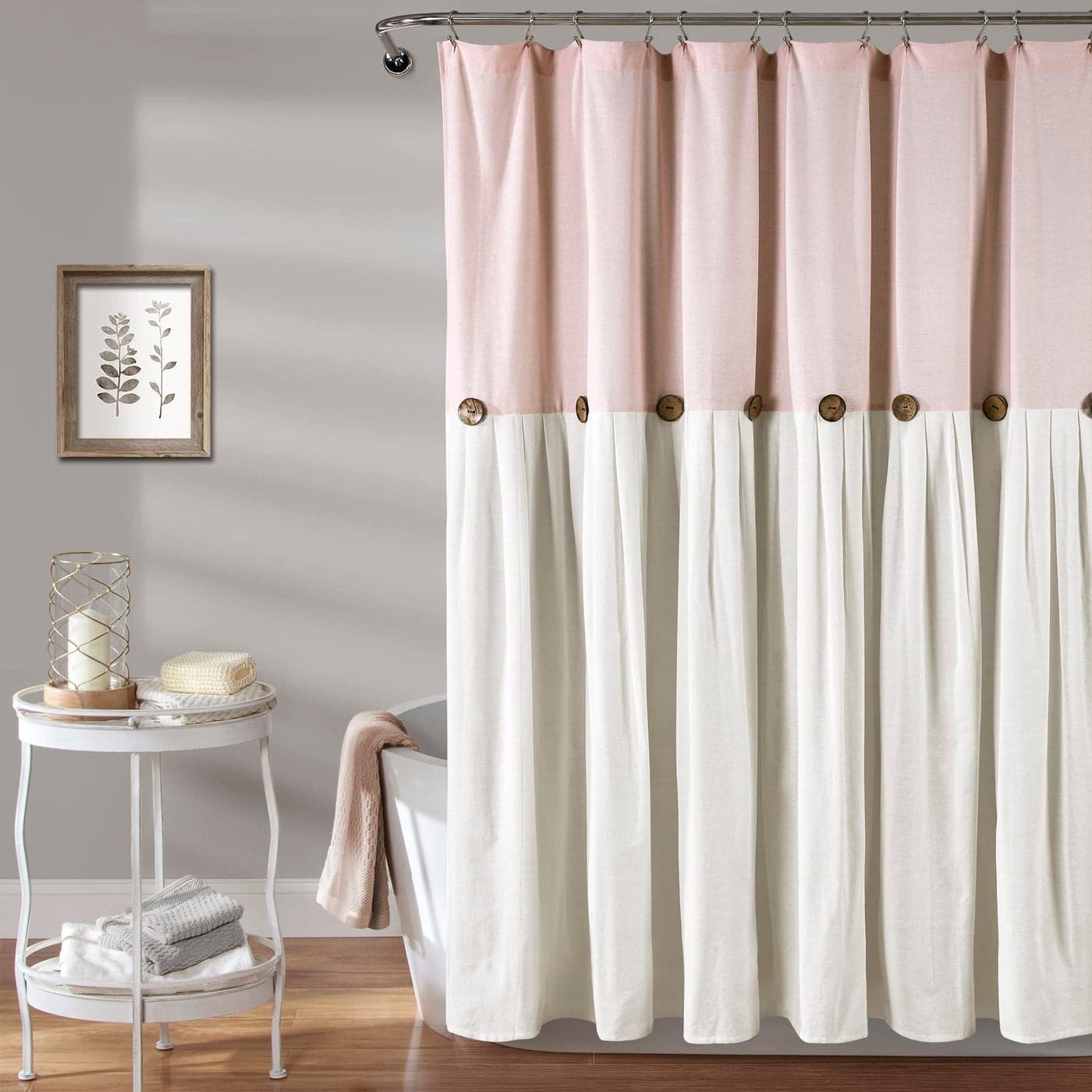 Lush Decor Linen Button Shower Curtain 72 W x 72 L Blush Off White Pink Bathroom Curtain Fabric Shower Curtains Farmhouse Bathroom Decor