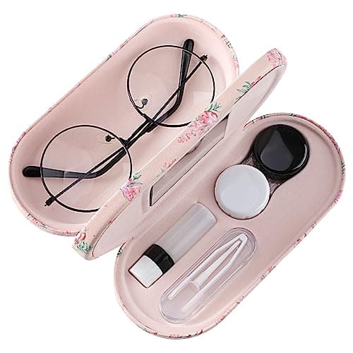 MoKo Double Eyeglass Case, 2 in 1 Double Sided Portable Glasses Case Contact Lens Case with Mirror Eye Glasses Carrying Bag Anti-Scratch Sunglasses Pouch Protective Eyewear for Men&Women, Pink Flowers