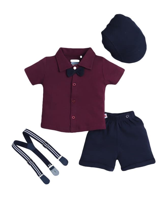 BUMZEE Boys Cotton Half Sleeves Shirt & Short Set With Bow Suspender & Cap Wine & Navy - 2-3 Years (Peb10530F-wne)