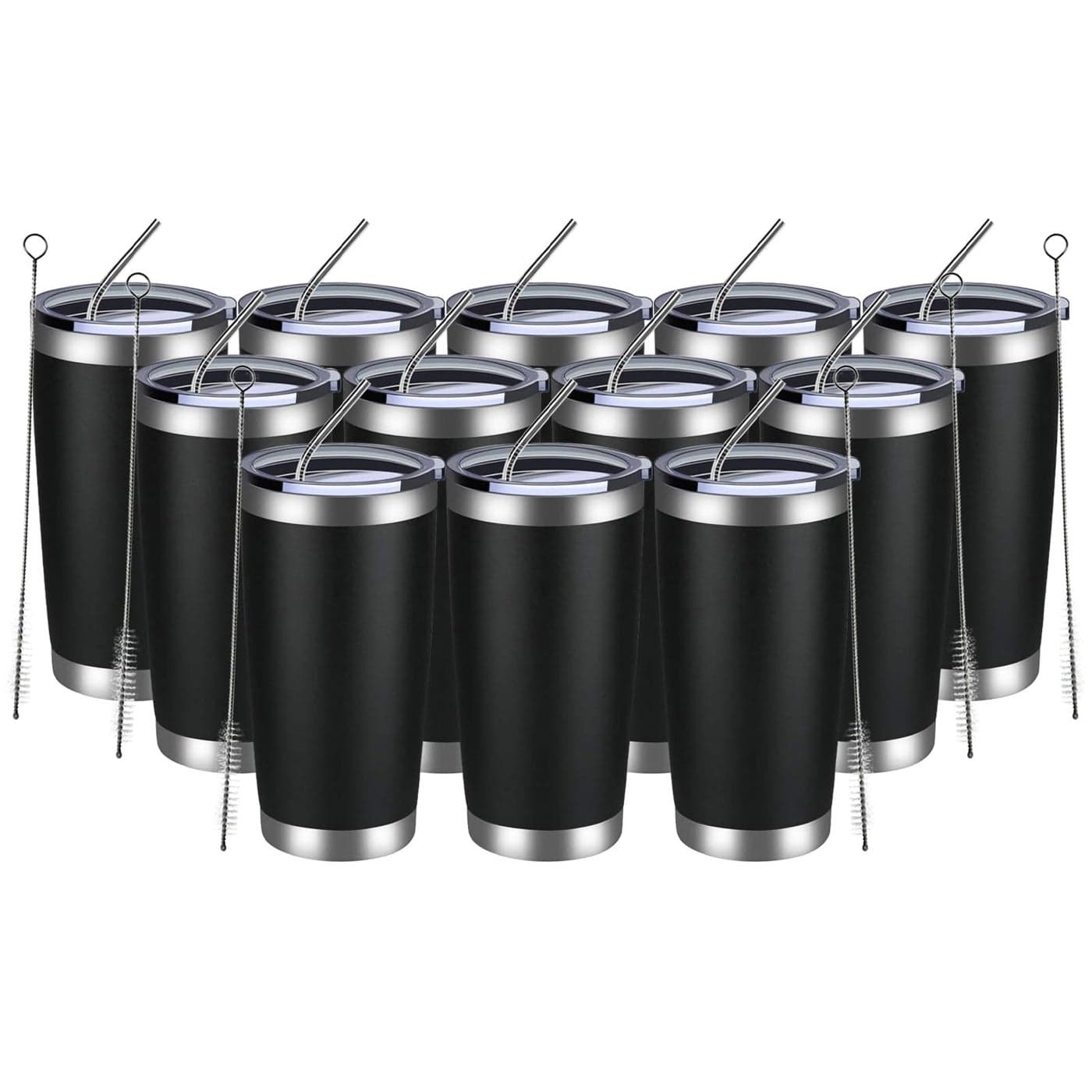 MEWAY 20oz Tumbler 12 Pack Double Wall Vacuum Insulated Travel Mug Bulk Stainless Steel Tumblers with Lid and Straw Durable Powder Coated Coffee Cups for Cold Hot Drinks Black 12