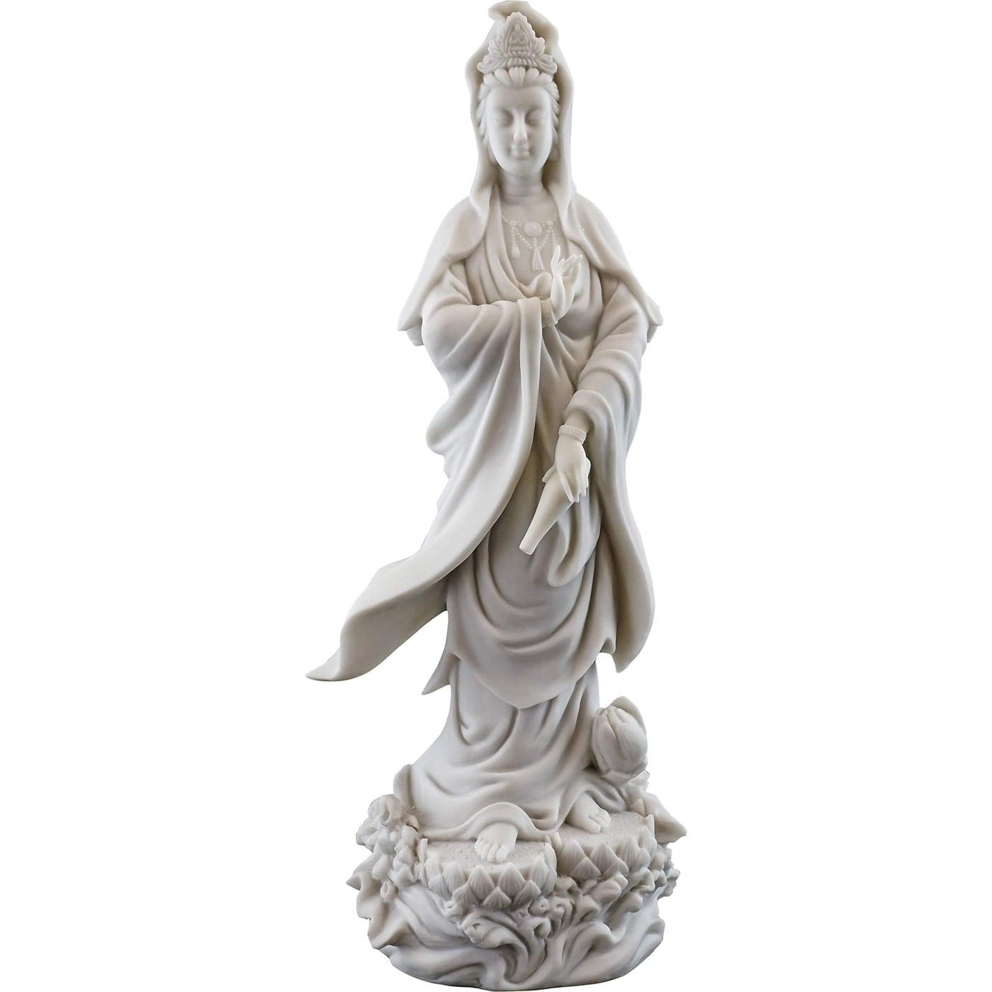 Top Collection Quan Yin Statue on Lotus Pedestal Kwan Yin Goddess of Mercy and Compassion Sculpture in White Marble Finish 125Inch Buddhist Figurine