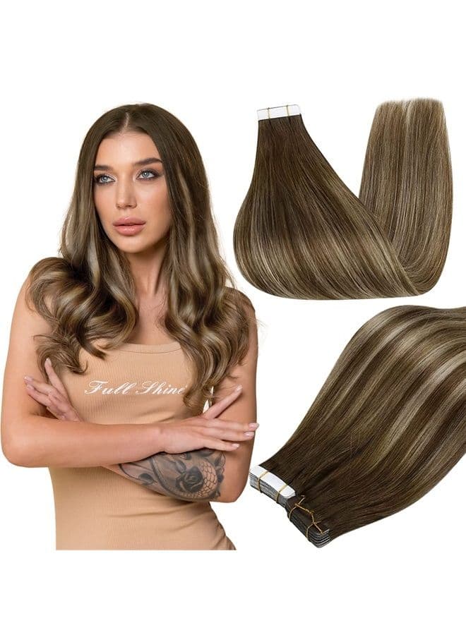 Injection Tape in Hair Extensions 20 Inch Seamless Skin Weft Tape in Extensions Color 4 Brown Fading to 27 Blonde And 4 Brown Virgin Hair Extensions Real Human Hair 12.5 Gram 5 Pcs
