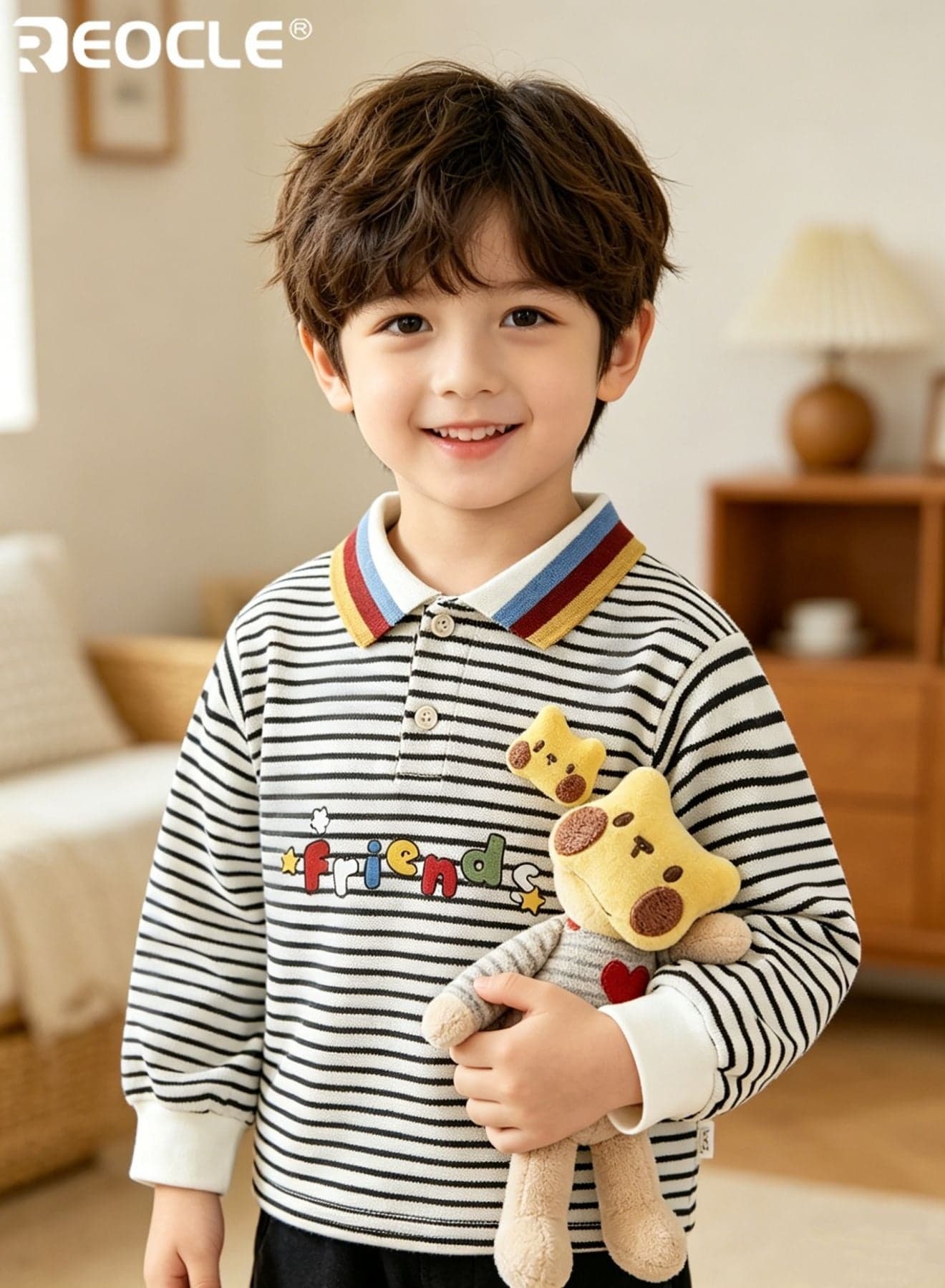 Kid's Polo Shirt with Striped Design and Cartoon Detail Playful Top with Soft Cotton for Autumn Casual Wear
