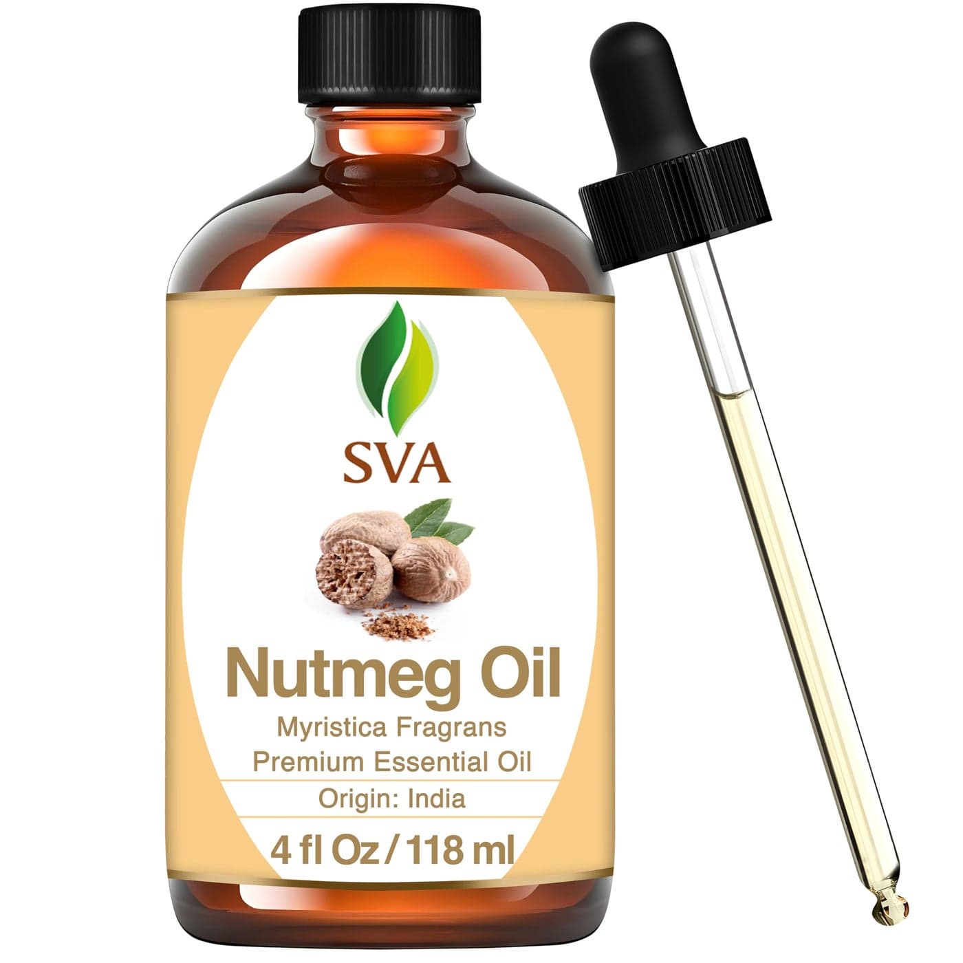 SVA Nutmeg Essential Oil 4 Fl Oz 100 Natural Nutmeg Oil for Diffuser Hair Care Face Skin Care Aromatherapy Scalp and Body Massage Soap and Candle Making with Dropper