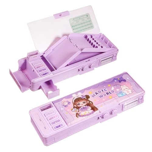 Humyoun Multifunctional Pencil Case for Girls, Pop up Cute Cartoon Pen Box Organizer with Password Lock, Sharpener, Schedule, Christmas Birthday Stationery Gifts for Kids (Purple, Magic World)