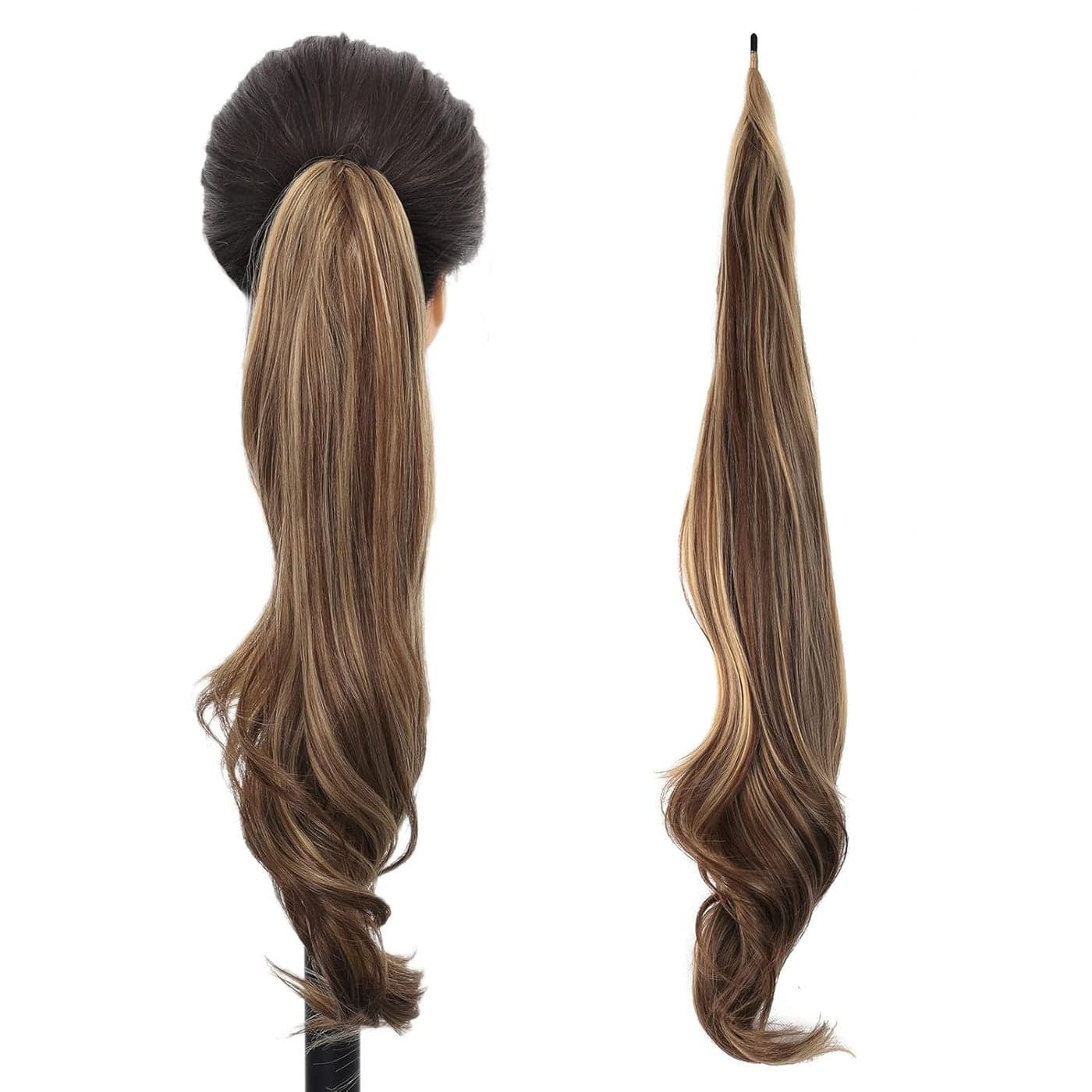 Chicmoi Brown Ponytail Extainson 32 Inch Flexible Wrap Around Ponytail Hair Extension Brown With Highlight Blonde Long Wavy Pony Tails hair Extension Synthetic Hairpieces For Women and Girls