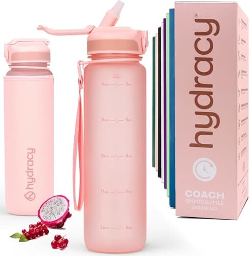 Hydracy Water Bottle with Times to Drink & Straw - Large 32 Oz BPA Free Motivational Water Bottle & No Sweat Sleeve -Leak Proof Gym Bottle with Time Marker - Ideal for Fitness, Sports & Outdoors