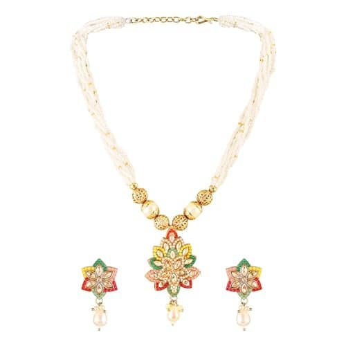 Mahi Traditional Multicolor Kundan & Artificial Pearl Beaded Floral Necklace Set with Earrings for Women & Girls | Ethnic Jewellery Set for Wedding (NL1108145GMul)