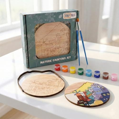 HOBBY INDIA Wooden Painting Kit Set for Kids & Adults | DIY Wall Decor Art & Craft | Round Tree Circle Coaster | Home & Office Hanging Decoration | Birthday Gift for Girls & Boys (Beach City)
