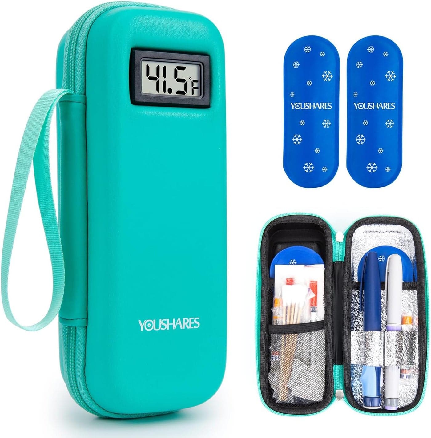 YOUSHARES Insulin Cooler Travel Case with Temperature Display - Refrigerated Medicine Cooler Travel Case Diabetic Travel Case with 2 TSA Approved Ice Pack for Trip and Daily (Green)