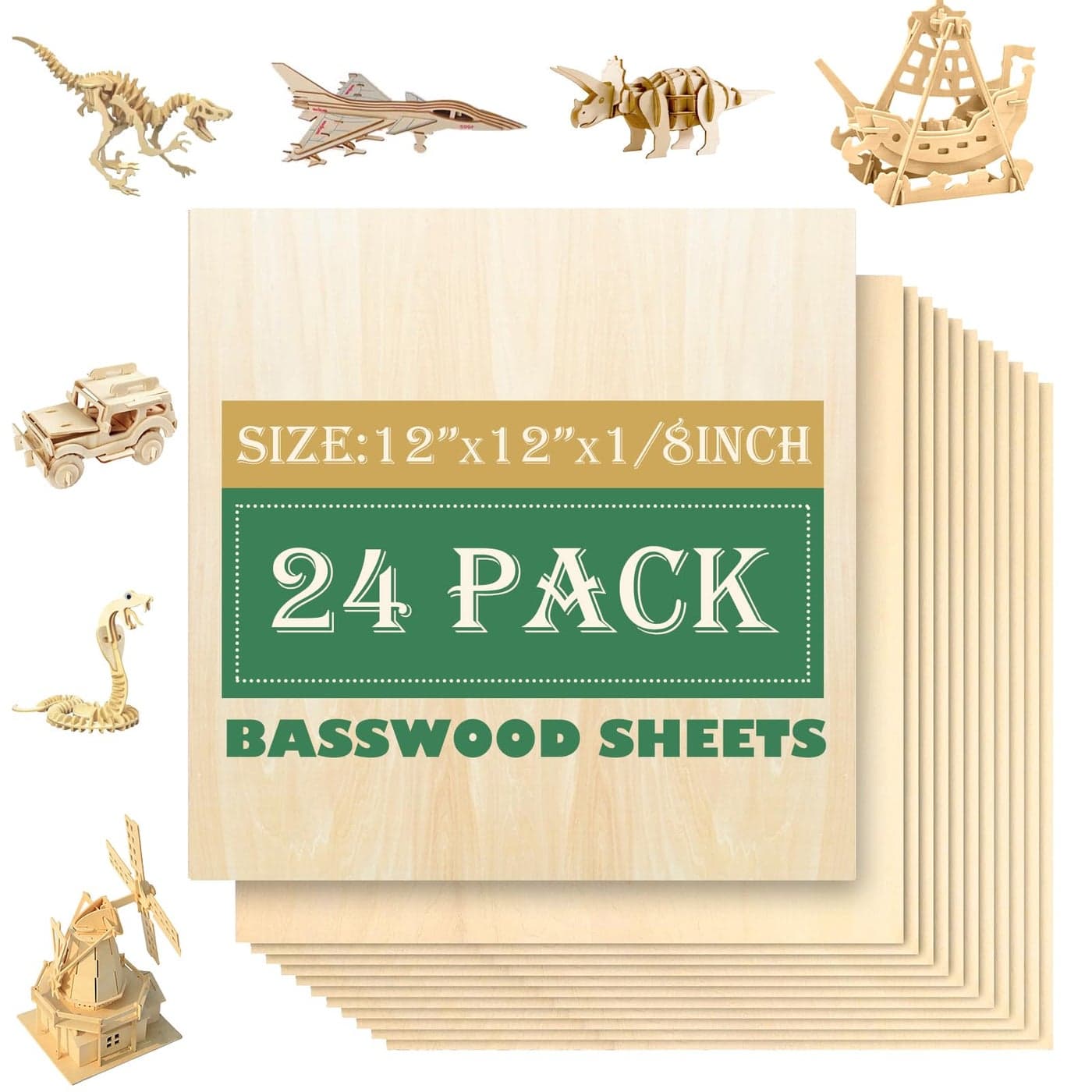 24 Pack 12x12Basswood Sheets 183mm Basswood for Laser Cutting3mm Plywood Unfinished Wood Craft Wood for DIY Ornaments and Models Drawing Painting Engraving Wood Burning and Laser Cutting