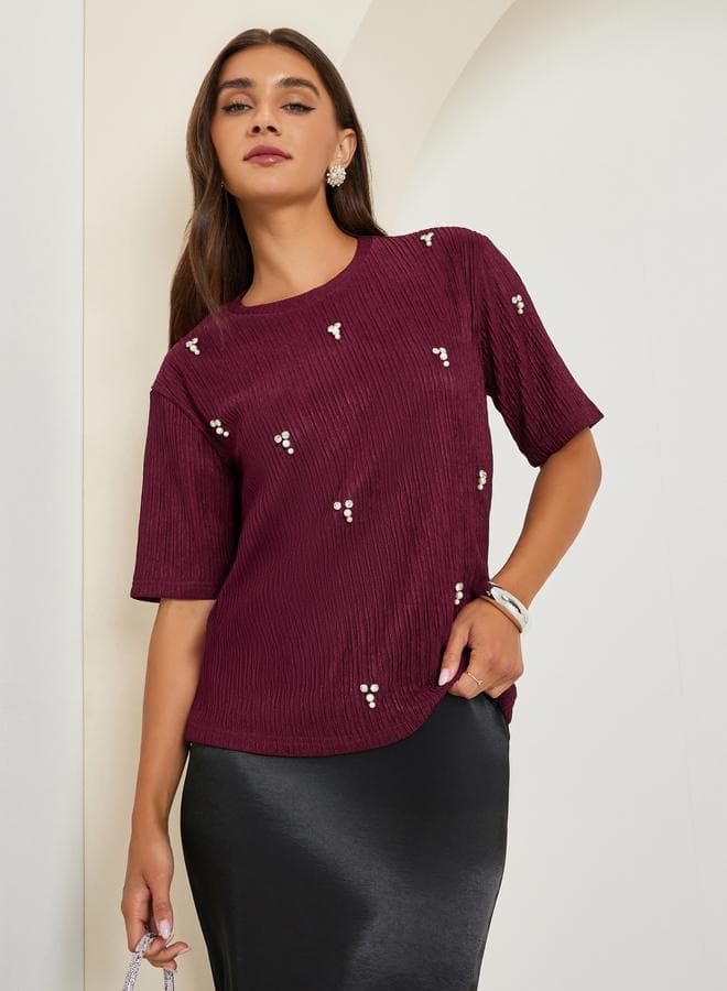 Burgundy Textured Embellished Knit Top