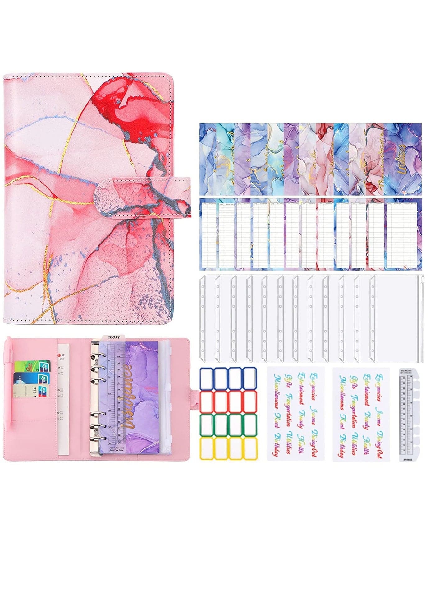 Pink A6 PU Leather Budget Planner with Clear Zipper Envelopes and Budget Sheets for Effective Money Management and Savings