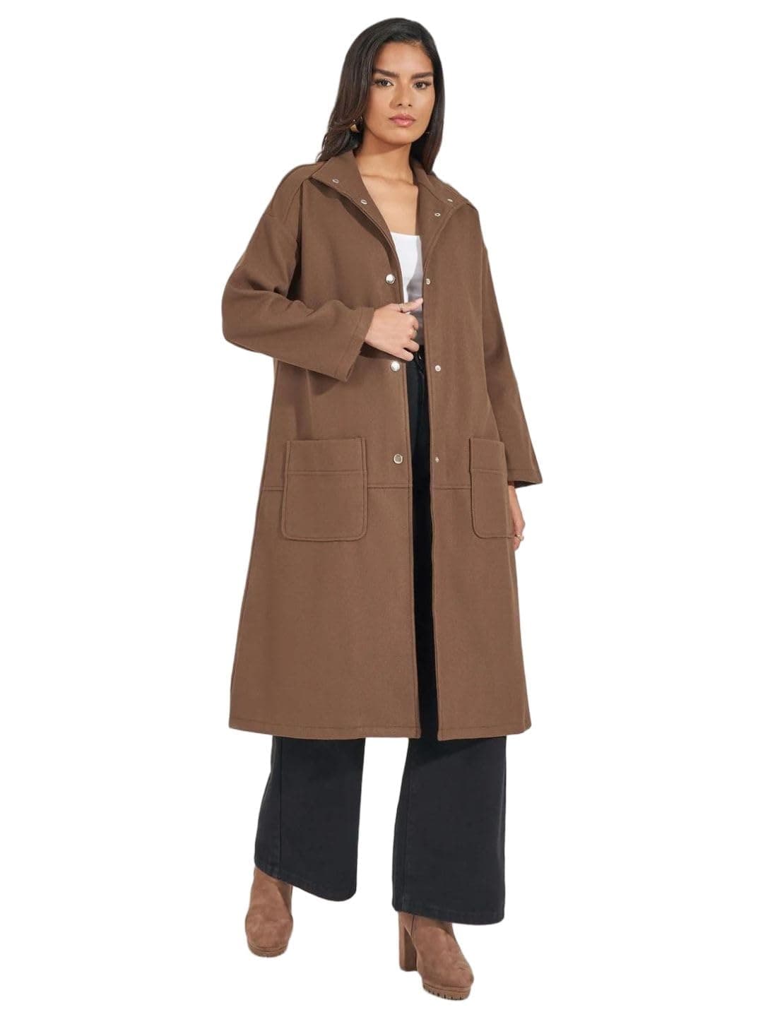 Styli Women Brown Midi Length Snap Button Closure Oversized Coat with Patch Pocket