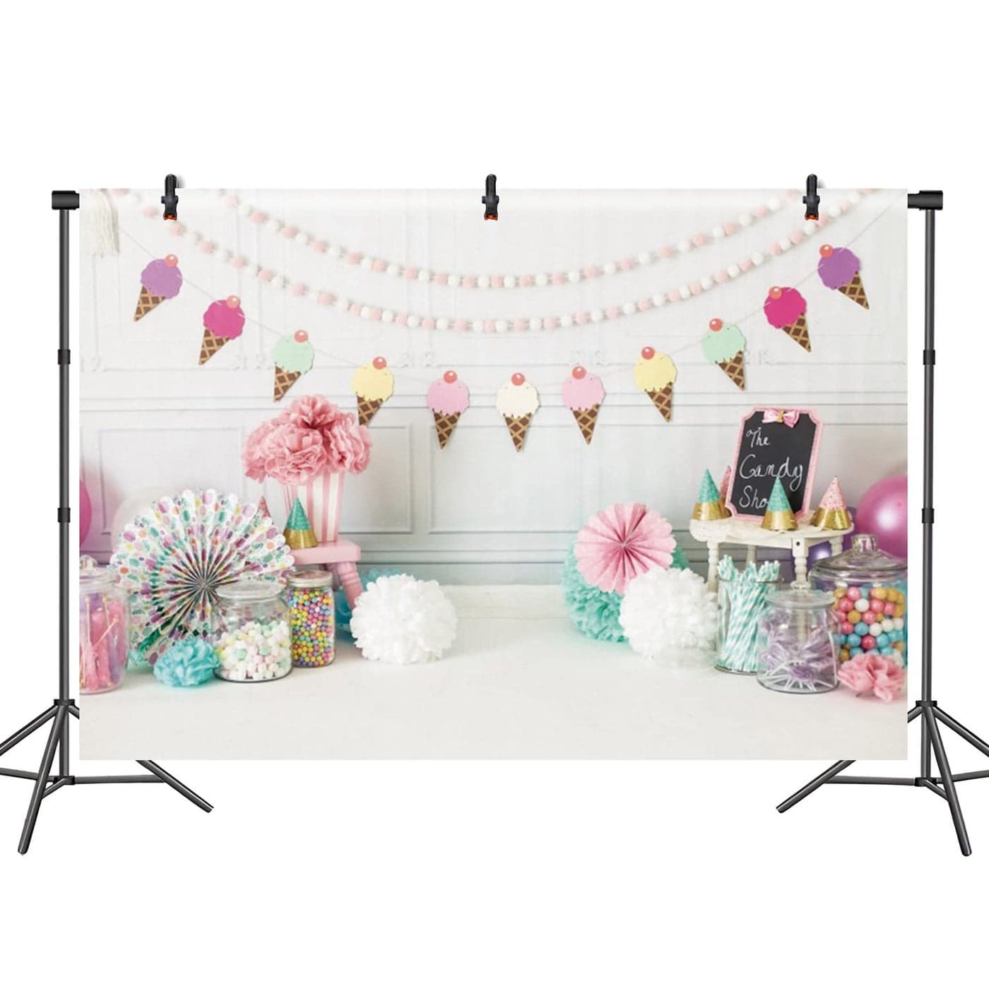 DASHAN 7x5ft Candy Photo Backdrop for Birthday Party Baby Girls Cake Smash Photography Backdrop Ice Cream Flowers Photo Background Candyland Party Kid Photo Props