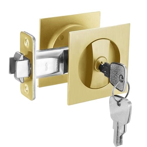 CozyTower Pocket Door Lock Pocket Door Hardware Square Door Lock for Privacy Sliding Door Bifold Door Locks Pocket Door Pull Handles Replacement HardwareBrushed Gold Entry Lock with Key