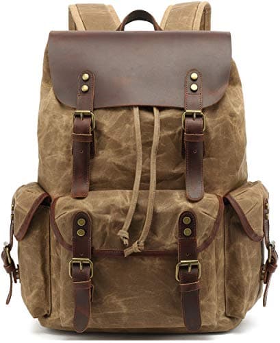HuaChen Waxed Canvas & Leather Backpack for Men Women,Vintage Travel Rucksack,Large Daypack Casual Hiking Bag - M80 Khaki