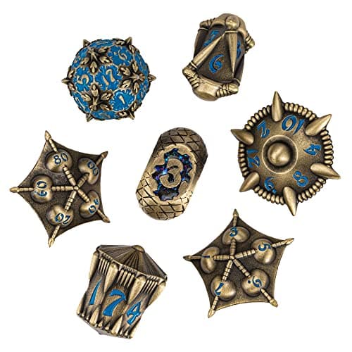 UDIXI Dragon Metal Dice Set DD 7die Polyhedral Dice Set with Unique Shape for DND Role Playing GamesBronze with Blue Number
