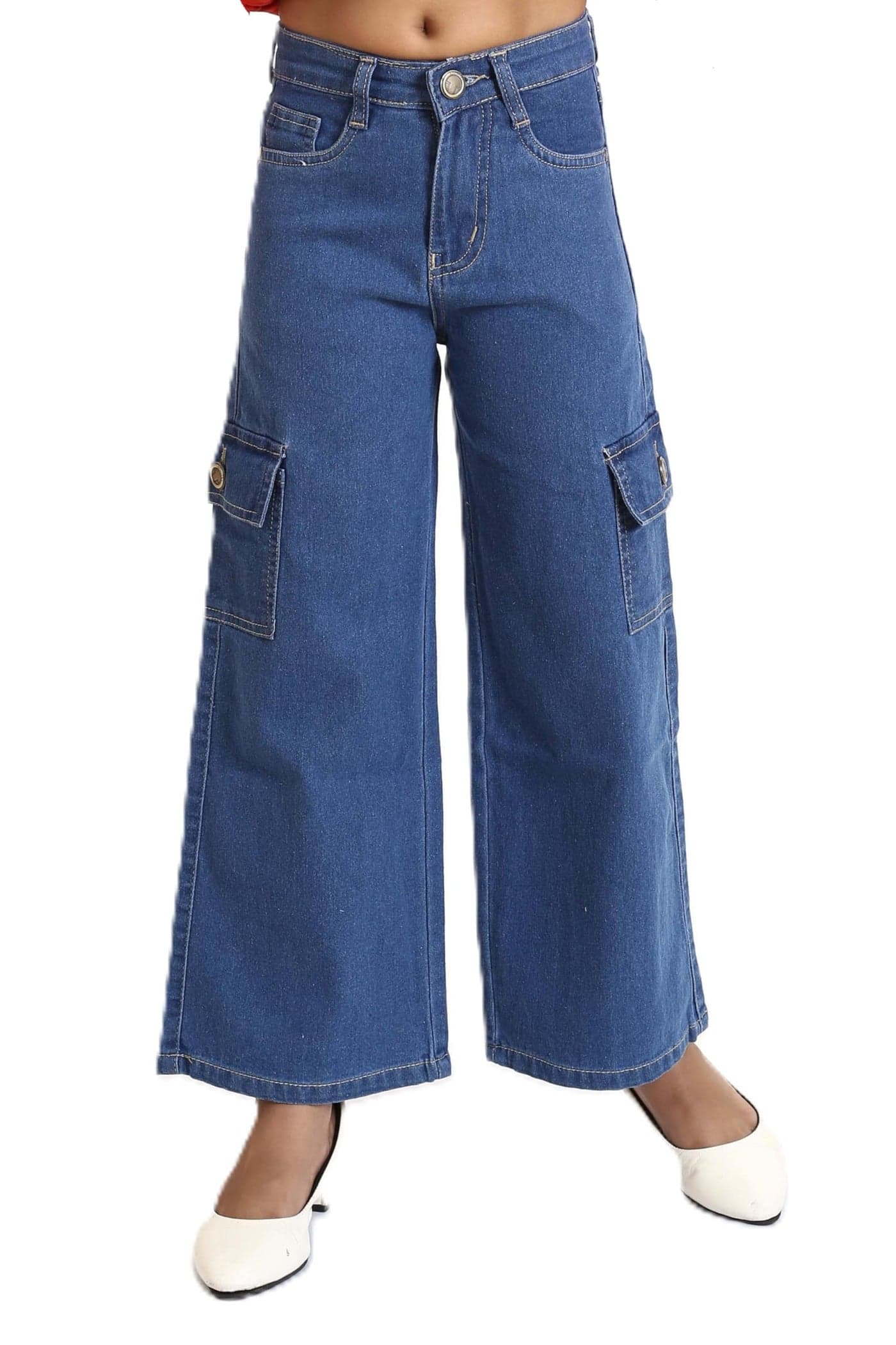ADBUCKS Stretchable High Rise Cargo Style Straight Fit Jeans for Girls (Blue,7-8 Years)