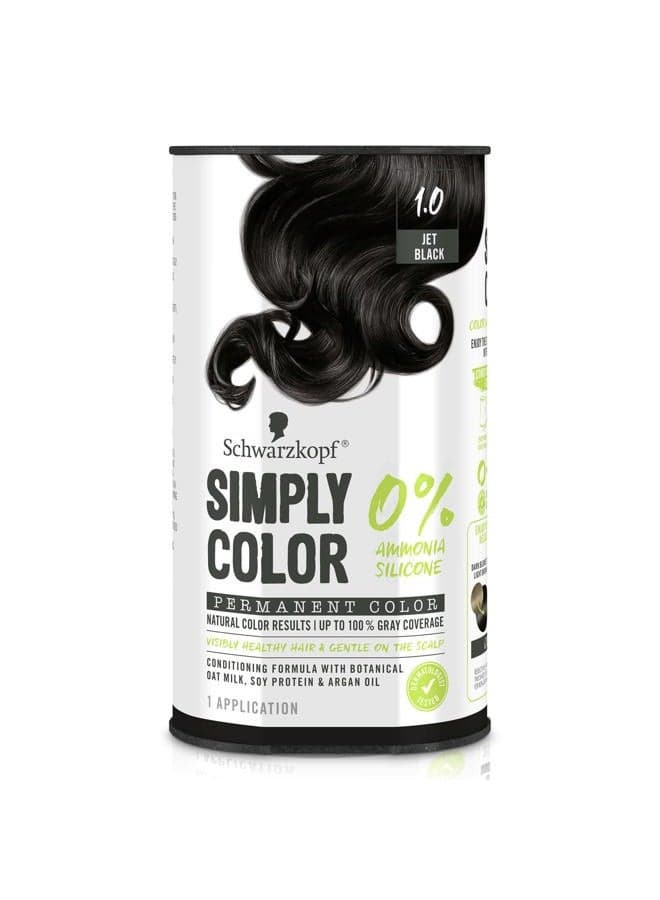 Simply Color Hair Color 1.0 Jet Black, 1 Application - Permanent Hair Dye for Healthy Looking Hair without Ammonia or Silicone, Dermatologist Tested, No PPD & PTD