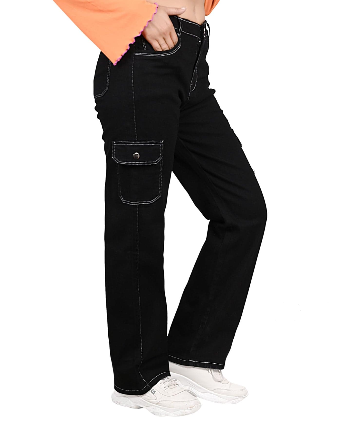 DUUBLE TREE Black Cargo Jeans Pants for Women | Stretchable Denim Mid Rise Jeans | Regular Fit Multi Pocket Ladies Cargo Pants for Womens | Best for Causal, Daily & Party Use.