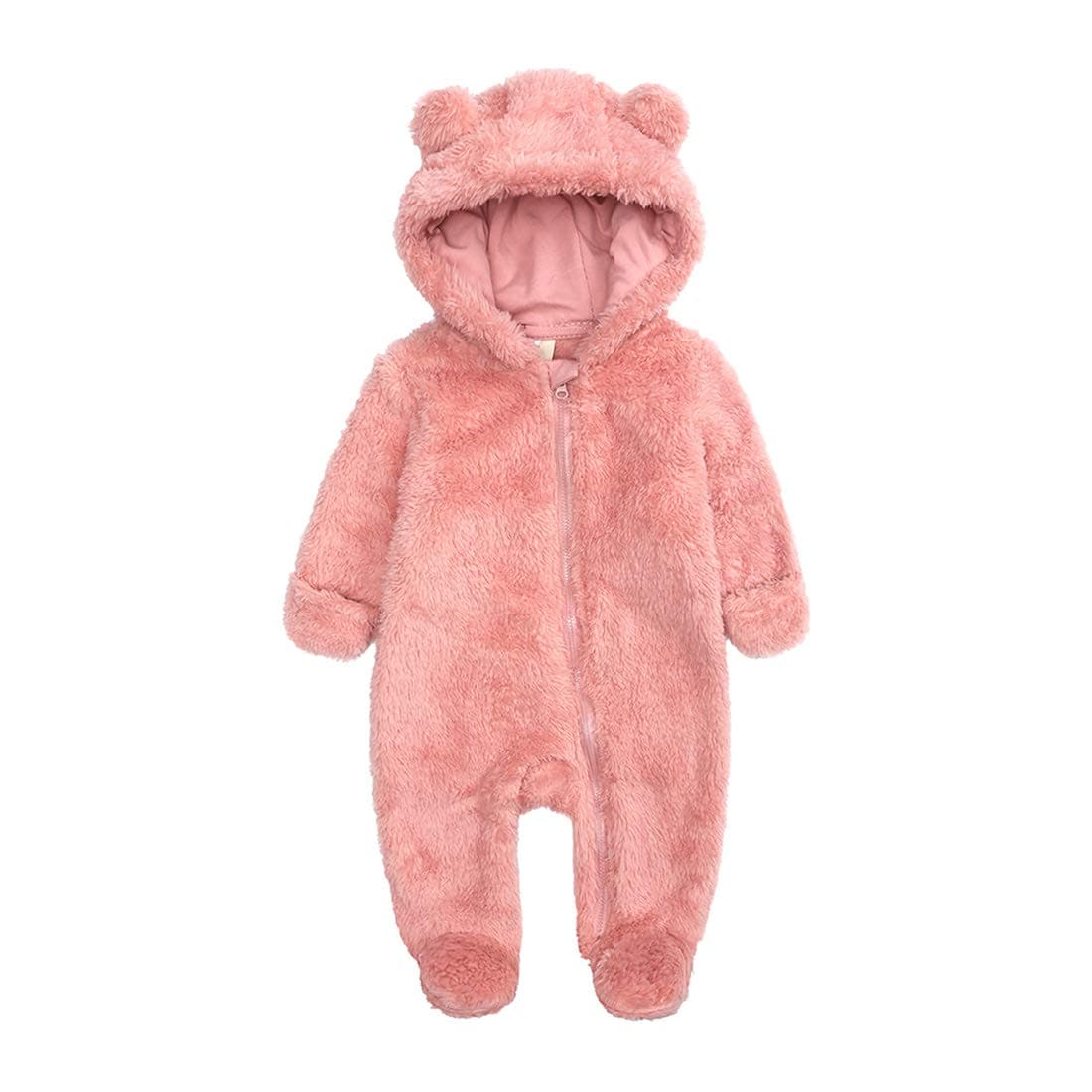 Infant Polar Fleece Jumpsuit Soft Lined Loose Fit One Piece Outwear Warm Hooded Romper for 69 Month Baby Toddler Pink