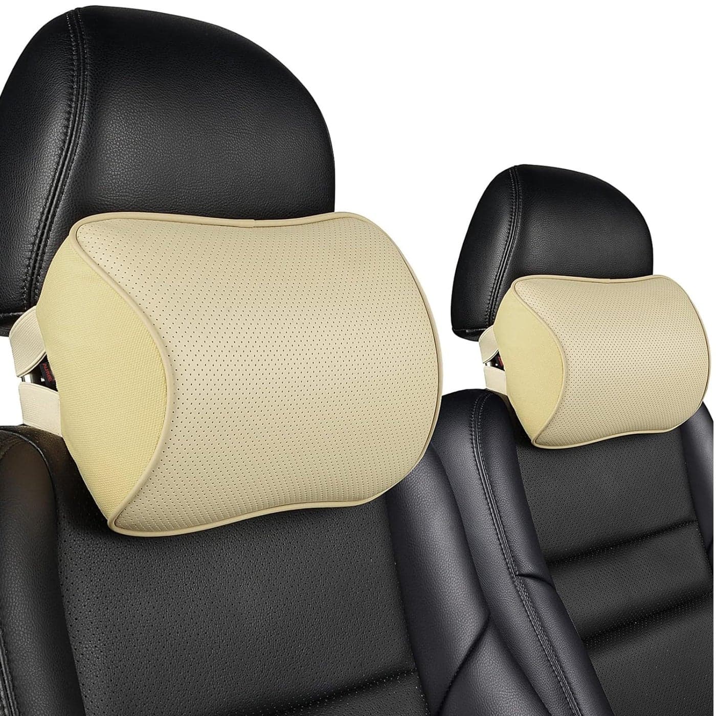 Aukee Car Neck Pillow Soft Memory Foam Leather Headrest for Driving Home Office Beige Pack of 2