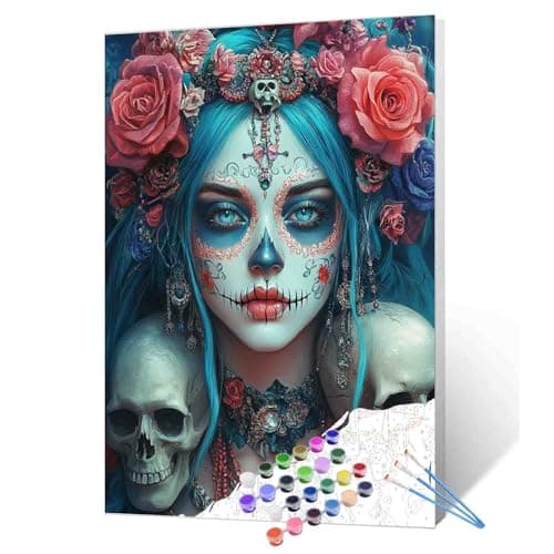 Tucocoo Day of The Dead Blue Hair Woman Sugar Skull Paint by Numbers Fantasy Art Floral Skulls Roses Paint by Number Kit for Adult with Brushes and Acrylic Pigment 16W X 20H Without Frame
