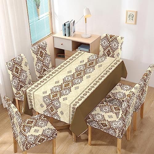 HOKIPO Polyester Elastic Stretchable Rectangular Dining Chair Cover with Matching Tablecloth, Rhombus Moss Brown (AR-4803-D6)