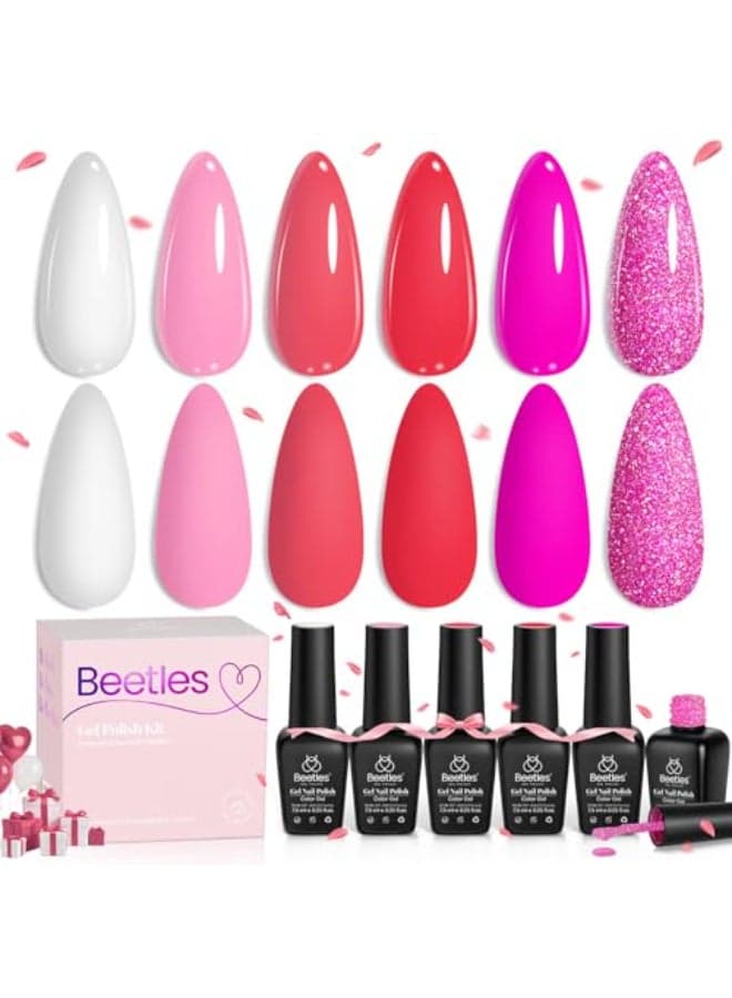 Beetles Hot Pink Gel Polish Set 6 Colors Pink Gel Nail Polish Rose Red Nails Kit Nail Polish Collection Pink Glitter Gifts for Women Soak Off Uv Nail Lamp Manicure Kit