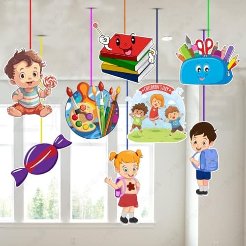 Zyozique® Children's Day Classroom Hanging Decorations Kit | School Theme Party Supplies with Books, Art Supplies, Candy Designs | Children Day Party Garland (Pack Of 9)