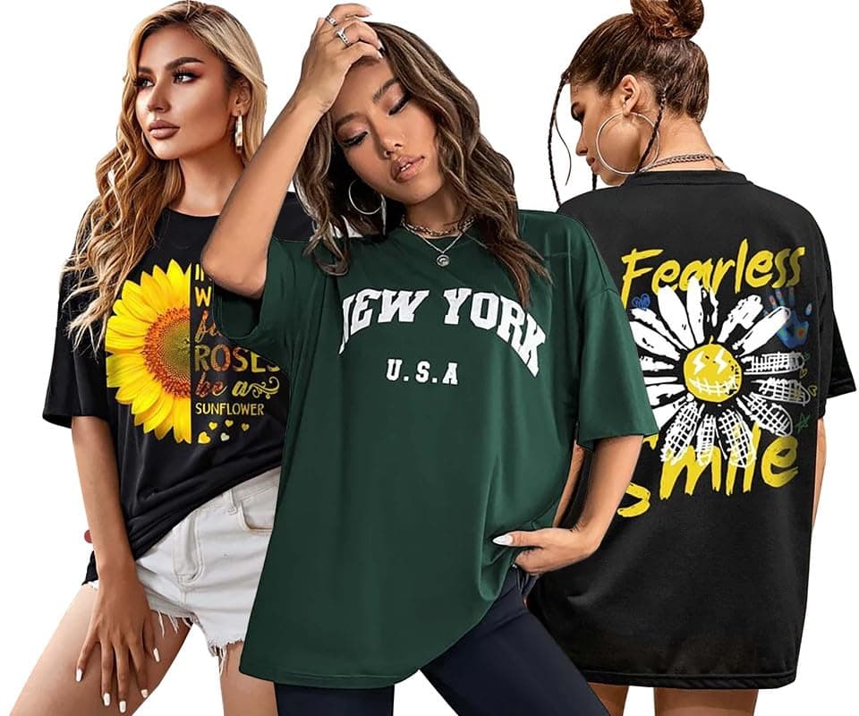 London Hills Cotton Blend Half Sleeve Women Oversized T-Shirts Multicolor Pack of 3 Black, Dark Green, 2XL