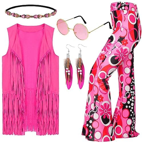 Leumoi 5 Pcs 60s 70s Costume for Women Disco Outfits Hippie Accessories Fringe Vest Boho Flared Pants Set for Halloween(Large,Sweet)