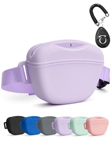 heouvo Dog Treat Pouch with Training Clicker, Upgrade Stronger Magnetic Closure to Avoid Spilling, 1.67 Cup Silicone Treat Bag Fanny Pack with Waist Belt for Pet Training Walking (Violet)