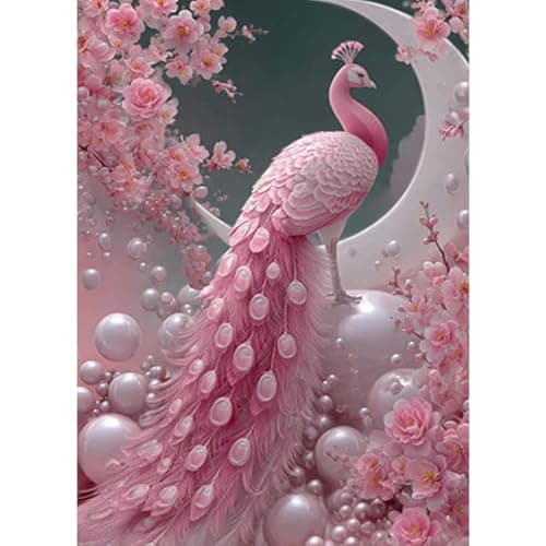 Lxmsja Pink Peacock Diamond Art Kits for Adults Moon Diamond Painting Kits for Beginners 5D DIY Full Drill Gem Art Crafts for Adults Home Wall Decor 12x16 inch