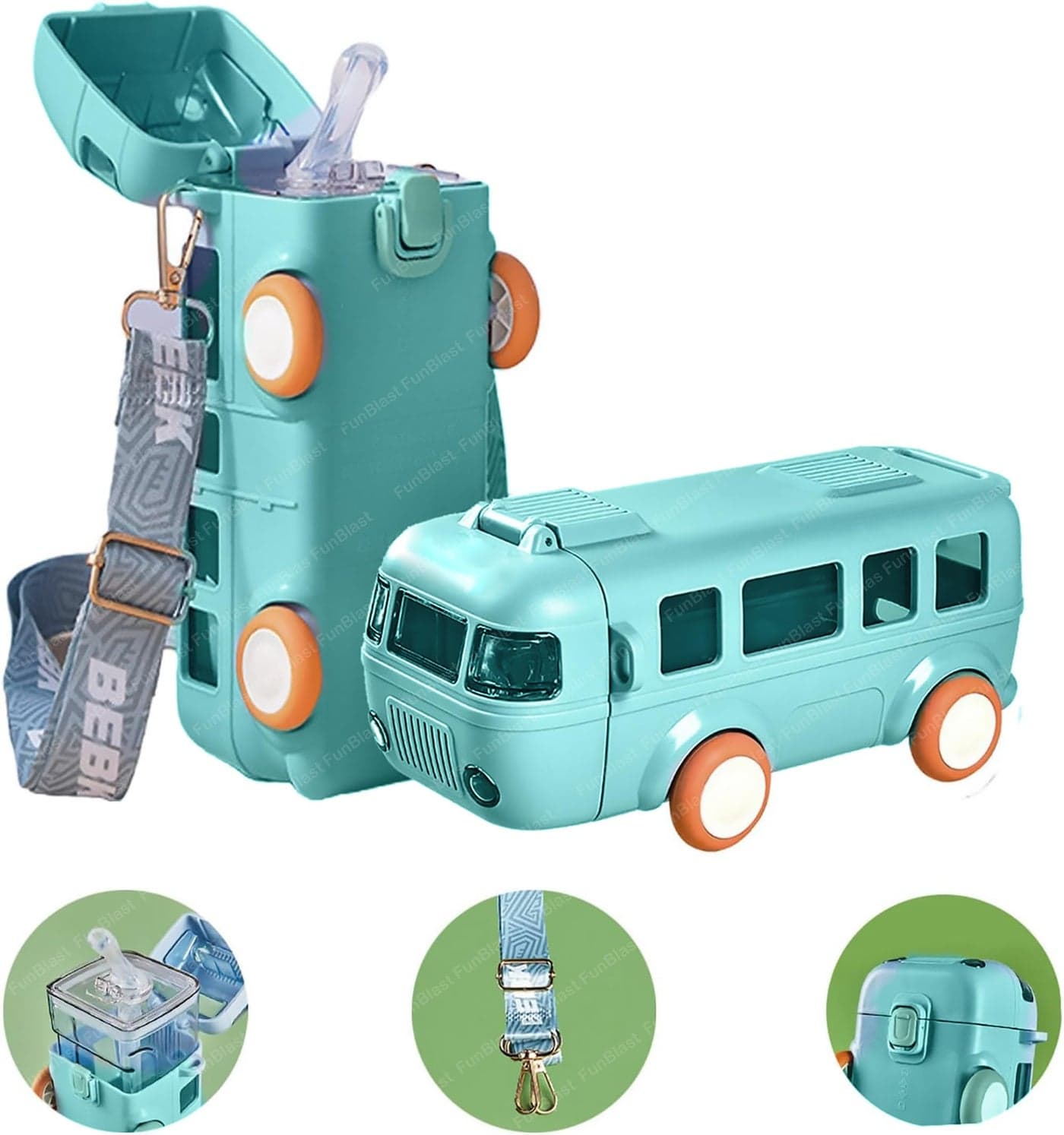 FunBlast Bus Shaped Water Bottle with Moving Wheels, 480 ML Leak-Proof Water Bottle for Kids, Water Bottle with Strap & Sipper for Kids, Sipper Water Bottle for kids (Sea Green)