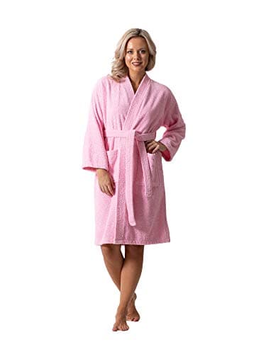 Luxurious Turkish Cotton Kimono Collar Super-Soft Terry Absorbent Bathrobes for Women (Pink, Medium)