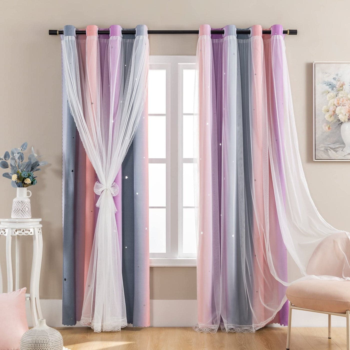 XiDi Dream Star Blackout Curtains for Kids Rooms Girl Princess Curtain for Daughter Bedroom Window Grey Pink Purple W34 X L63