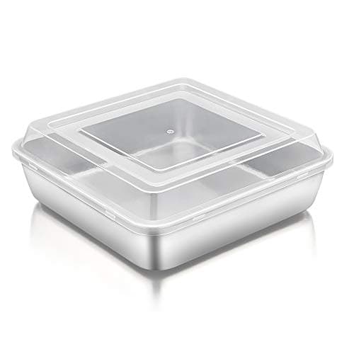 TeamFar Square Cake Pan with Lid (1 Pan & 1 Lid), 8 Inch Square Stainless Steel Baking Tray Cake Brownie Tin For Meal Prep Storage Transporting Food, Healthy & Sturdy, Dishwasher Safe