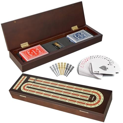 BIVOMON Cribbage Board Game Set Continuous 3 Track Wooden Board with Magnetic Lock 9 Metal Pegs 2 Playing Cards Large Storage Area Travel Portable Travel Cribbage Boards for Adult Child