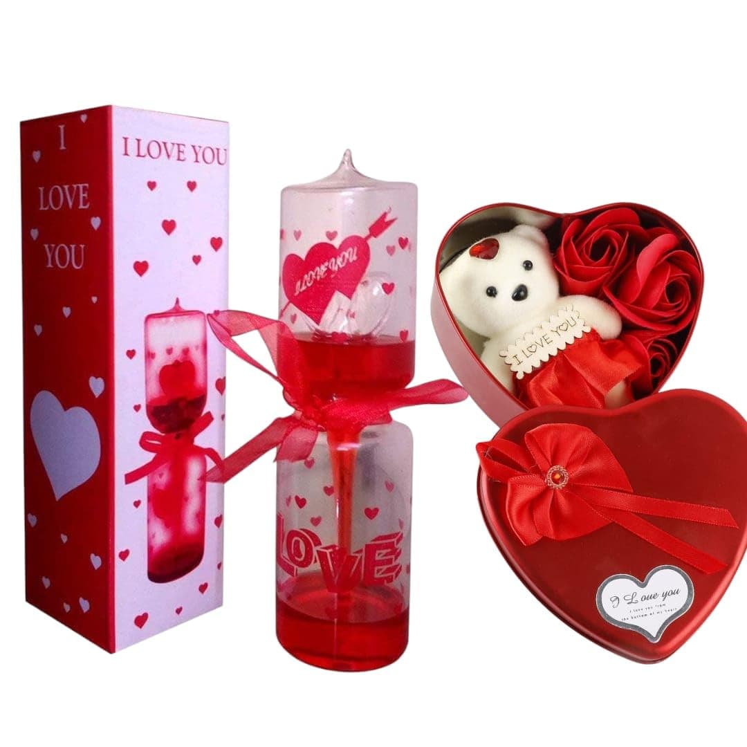 Valentines Day Gift Set with Heart Box Teddy Bear Artificial Roses and Love Message Bottle Red and White
