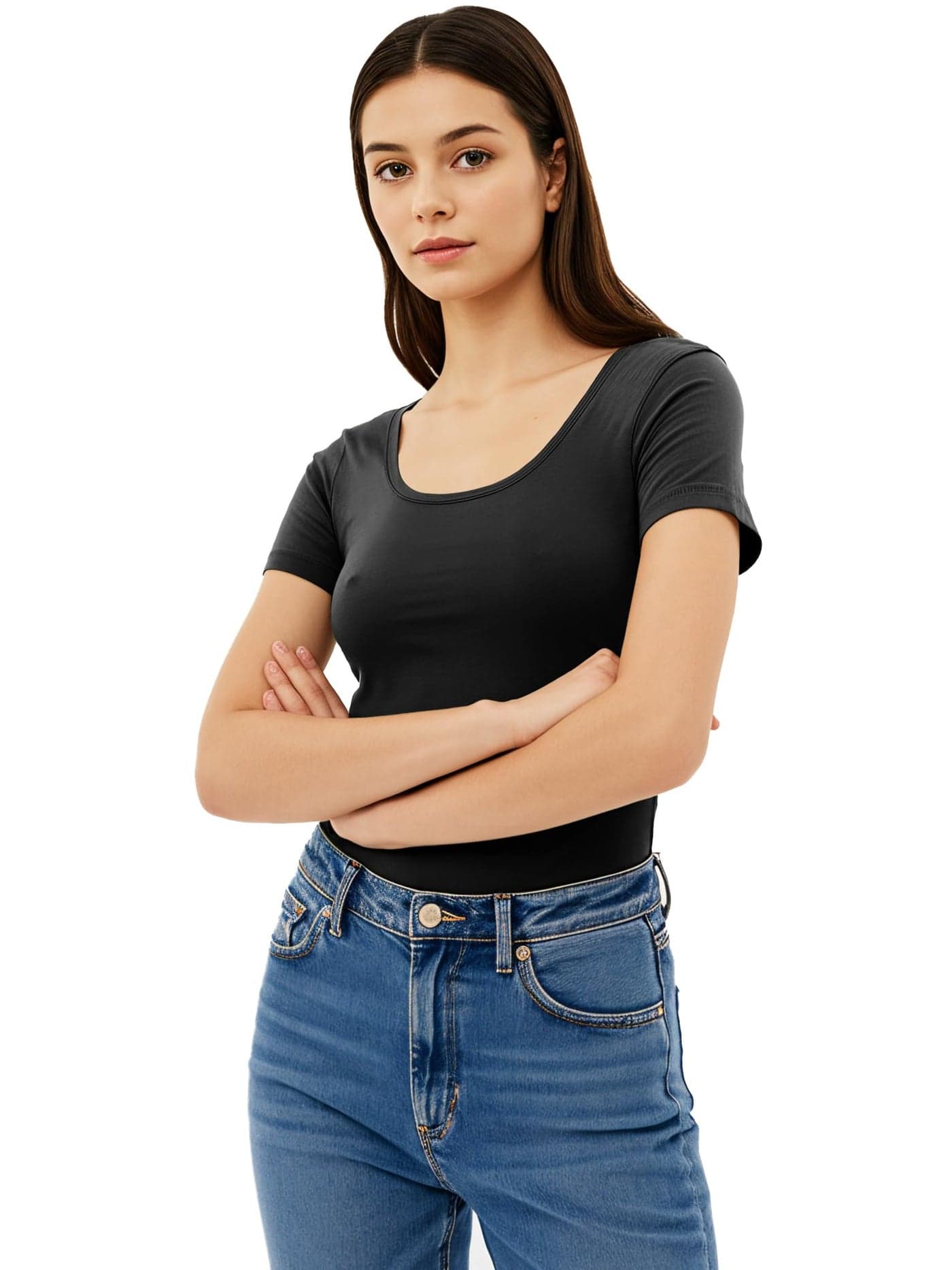 Emmalise Women's Short Sleeve Tshirt Scoop Neck Tee Shirt (Large, Black)