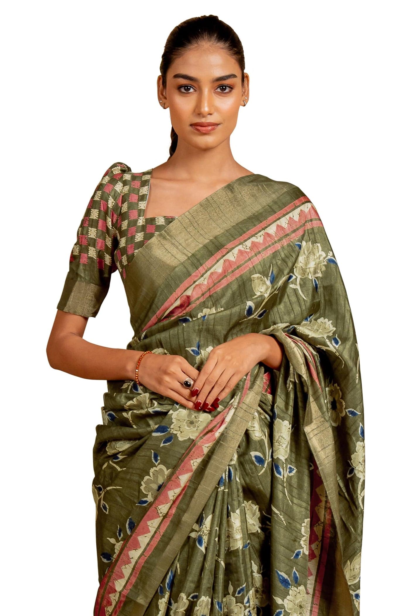 MIRCHI FASHION Handloom Cotton Floral Printed Sarees for Women with Blouse Piece (43303 - Mehandi Green, Coral Red, Blue, Off White)
