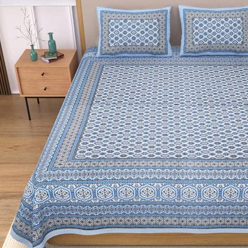 EasyGoods® 100% Pure Cotton Jaipuri Bedsheet with 2 Pillow Covers | King Size (90x108 inches) | Soft & Breathable Fabric | Traditional Floral Print | Blue 5