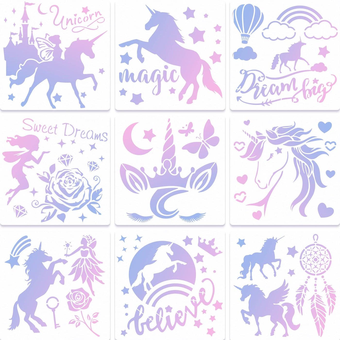 9 Pieces Unicorn Stencils Painting Templates Craft for Arts Card Making Journal Scrapbooking DIY Furniture Wall Floor Painting on Wood Fabric 12 x 12 Inches