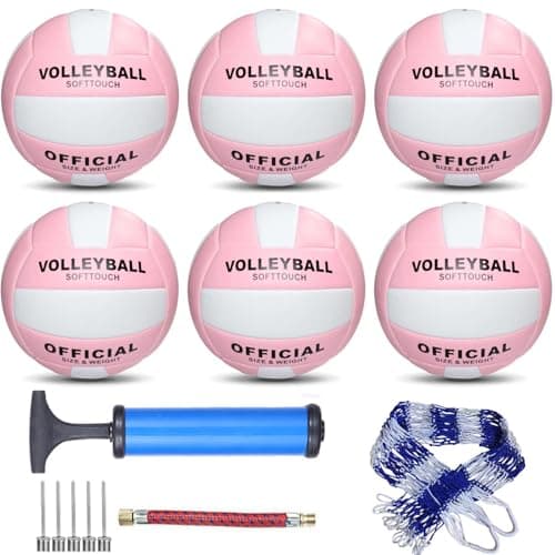 LonlyEagle 6 Pack Official Size 5 Synthetic Leather Volleyballs, Includes Pump and Net Bag, Volley Ball for Indoor and Outdoor Competition(Pink)