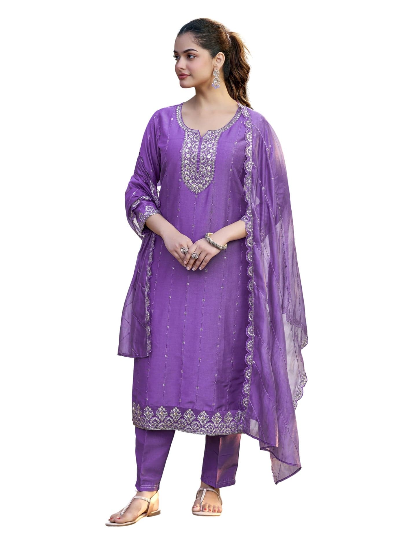 MOKOSH Women's Muslin Embroidered Purple Kurta Pant Dupatta Set